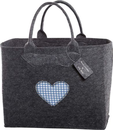 Filztasche dunkelgrau mit Herz/Blau kariert